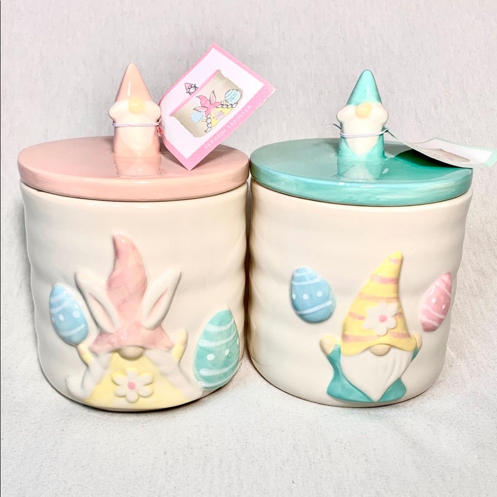 Lot of two Carrot Patch Cottage Easter Gnome Canisters with Gnome Topper.